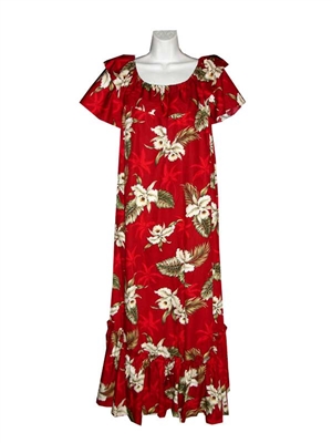 Ky's Long Red Orchid Hawaiian Muumuu Dress