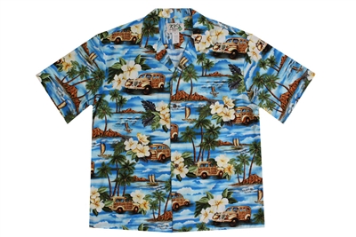 KY's Men's Blue Aloha Shirts with Woodie Cars