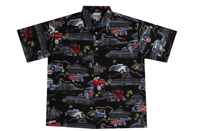 Men's Black Hawaiian Shirt with Hot Rod Cars