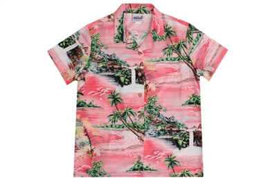 Wave Shoppe Women's Pink Hawaiian Shirt with Waterfalls and Islands